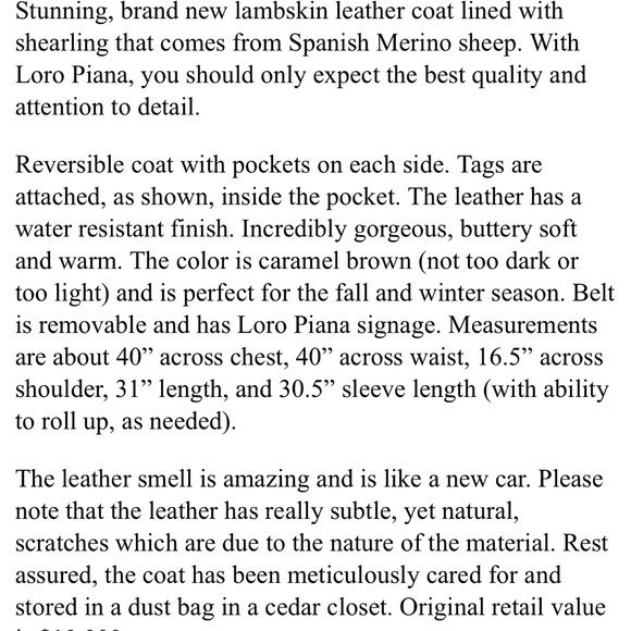 NWT Loro Piana Reversible Lambskin Leather Shearling Coat, Size Medium - Picture 8 of 8